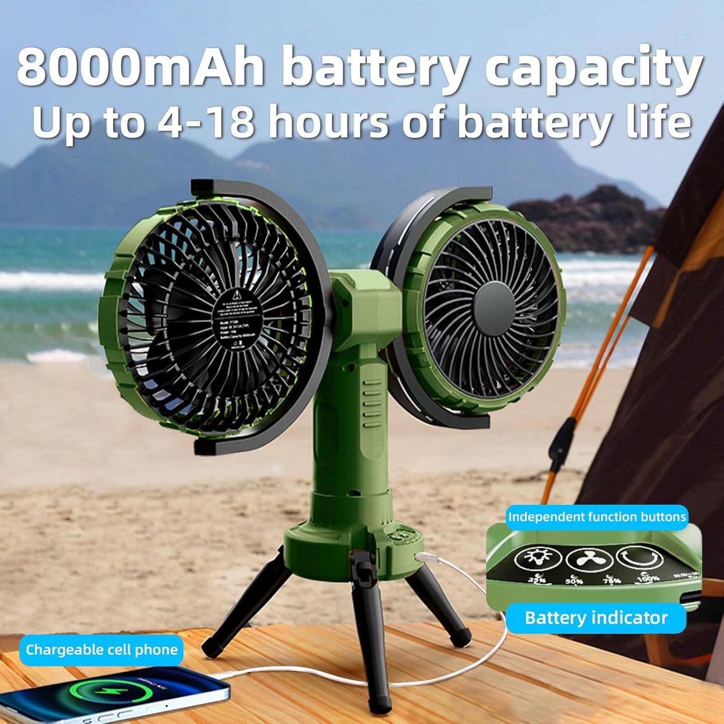 3 in 1 Portable Camping Fan with LED Light,8000mAh Rechargeable Battery Powered Fans with Hanging Hook for Tent,360°Head Rotation,4 Speeds,Camping Essentials Outdoor for Travel Fishing BBQ