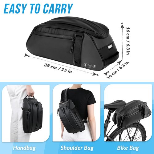 WOTOW Reflective Rear Rack Bag, Water Resistant Bike Saddle Panniers for Bicycles Ebike, 8L Trunk Cycling Back Seat Cargo Carrier Storage Pouch With Shoulder Strap for Travel Commute