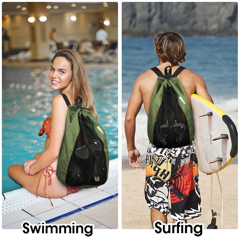 WANDF Swim Bag for Swimmers Mesh Beach Backpack Green Medium