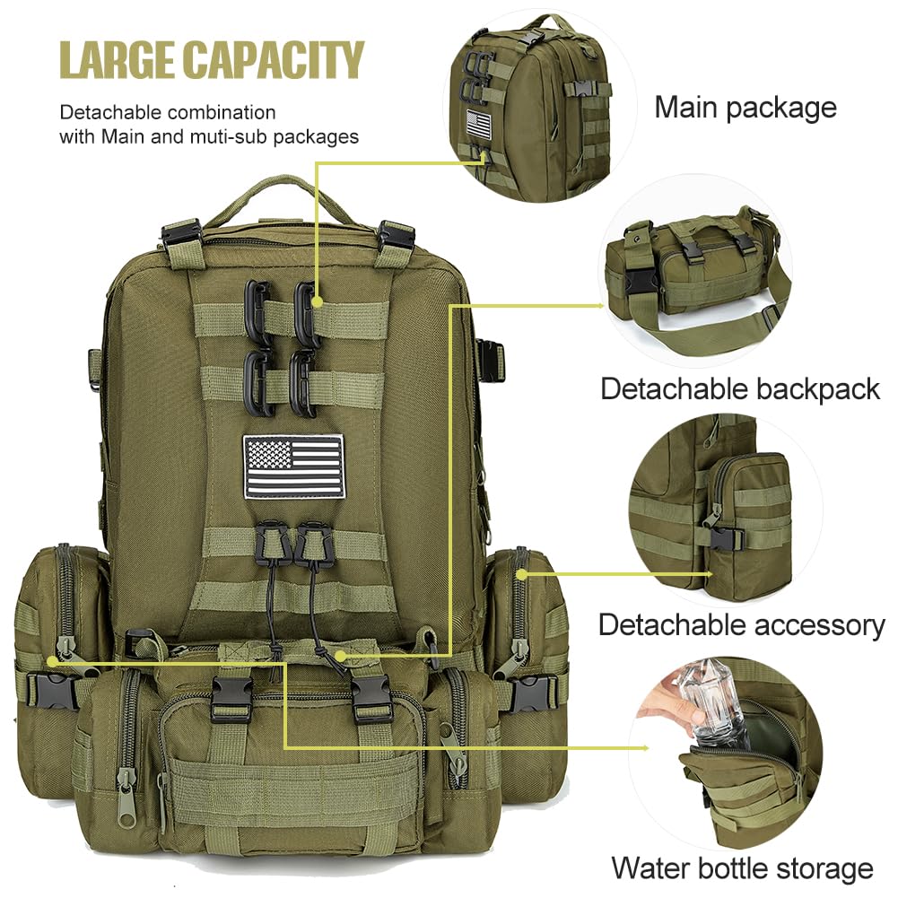 CALUOMATT Large Military Tactical Backpack for Men, 40-50L Backpacks for Women, Bug out Bag Army 3 Days Pack Bags Rucksack with Molle System Green