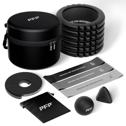 Packed for Performance Mobility Pack, 6-Piece Workout Set - at Home & On-The-Go Exercise Recovery Tools - Foam Roller, Extended Performance & Mini Resistance Band, Massage Tool & Carry Case with Clip