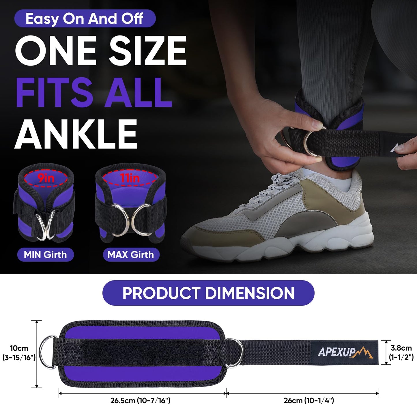 APEXUP Ankle Resistance Bands for Cable Machine, Cable Kick Back Ankle Straps for Gym, Glute Workouts, Leg Extensions, Adjustable Straps with Neoprene Padding (Single, Purple)