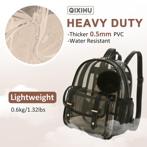 QIXIHU Clear Backpack for Stadium Events, 12x 12x 6 Small Transparent Backpack PVC Mini See Through Bag for Women Girls for Concert Festival, Semi-Black