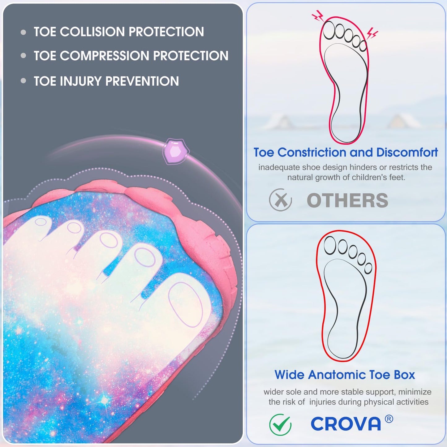 CROVA Built-in Heel Grip Kids Water Shoes for Boy Toddler Girl Wide Toe Box