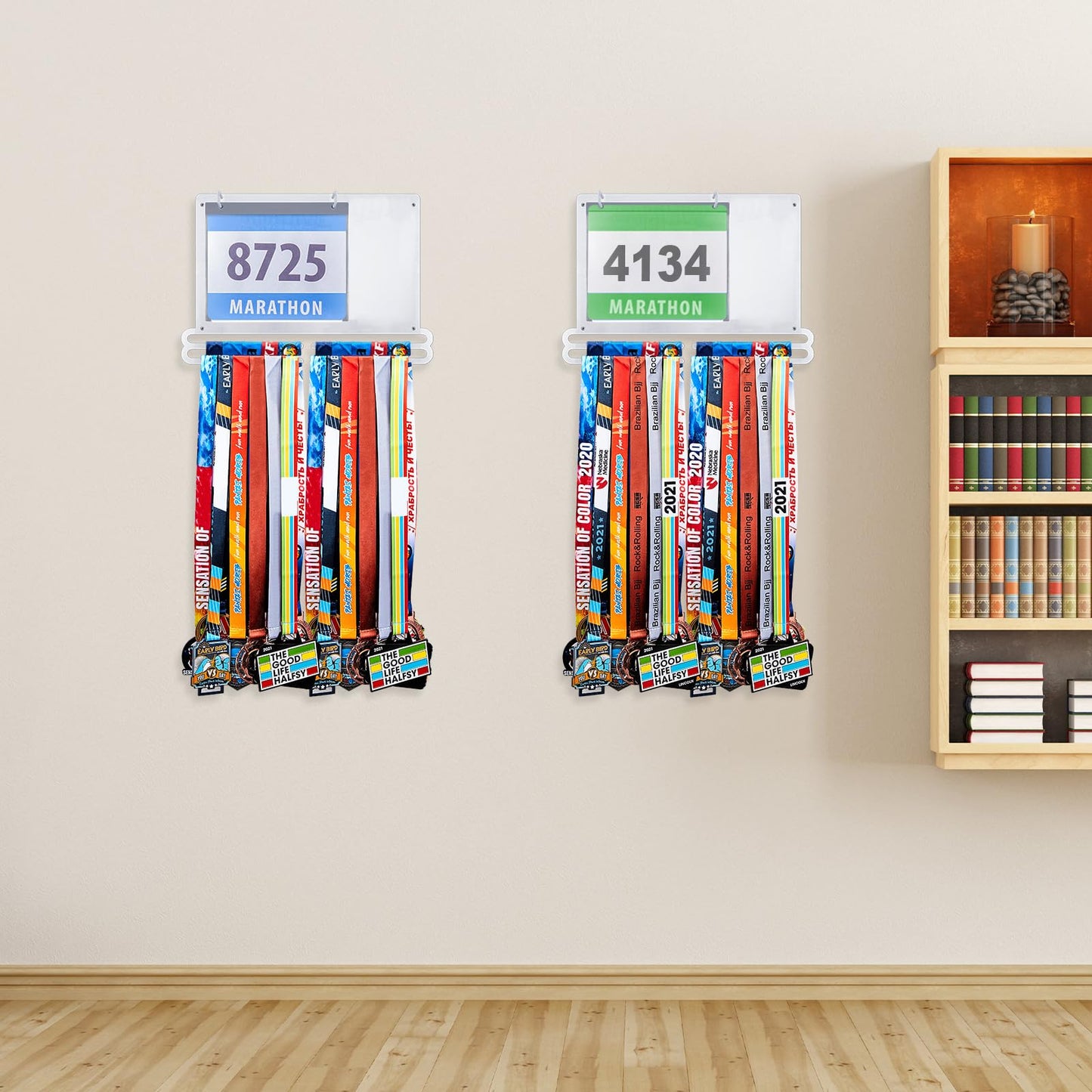 Moxweyeni Race Medal and Bib Display Medal Hanger Running Bib Holder Wall Mounted Hanging Rack stands Gifts for Runners(White,15.8 x 10.7 Inch,Stylish)