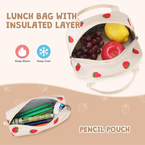 ACESAK Backpack for Girls - Girls Backpack with Lunch Bag & Pencil Pouch for Teen Kids Laptop Backpack for Women, Elementary Middle High School Bookbag Travel Daypack (Beige Strawberry)