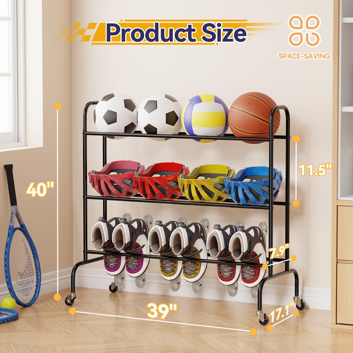 MWQ Basketball Rack 3 Tier, Rolling Sport Equipment Holder Ball Storage Cart for Basketball, Football and Soccer, Suitable for Indoor and Outdoor, Black