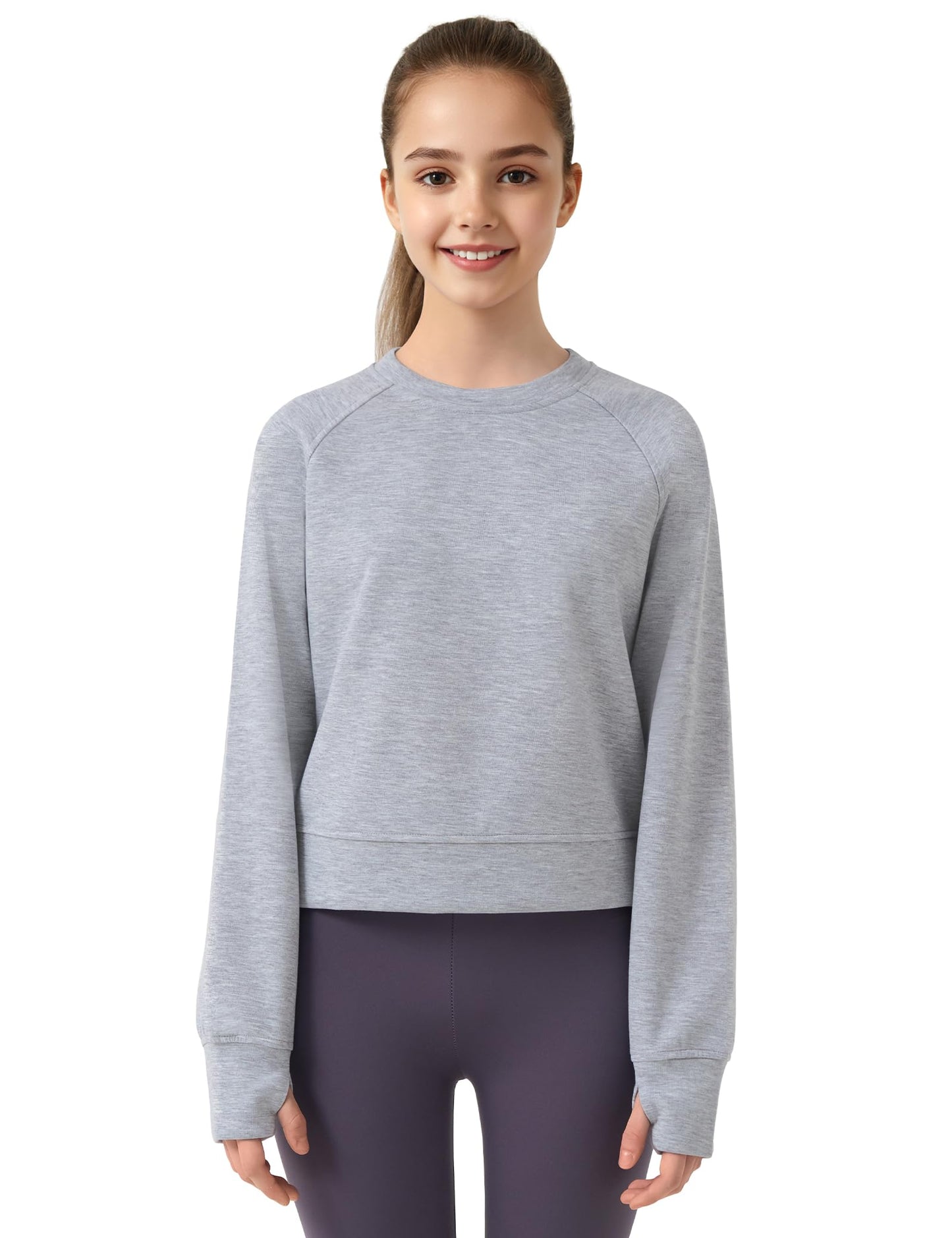 JOCMIC Girls Cropped Sweatshirt Soft Pullover Long Sleeve Shirts with Thumb Hole Fall Tops for Teens Petite Women Grey 11-12 Years