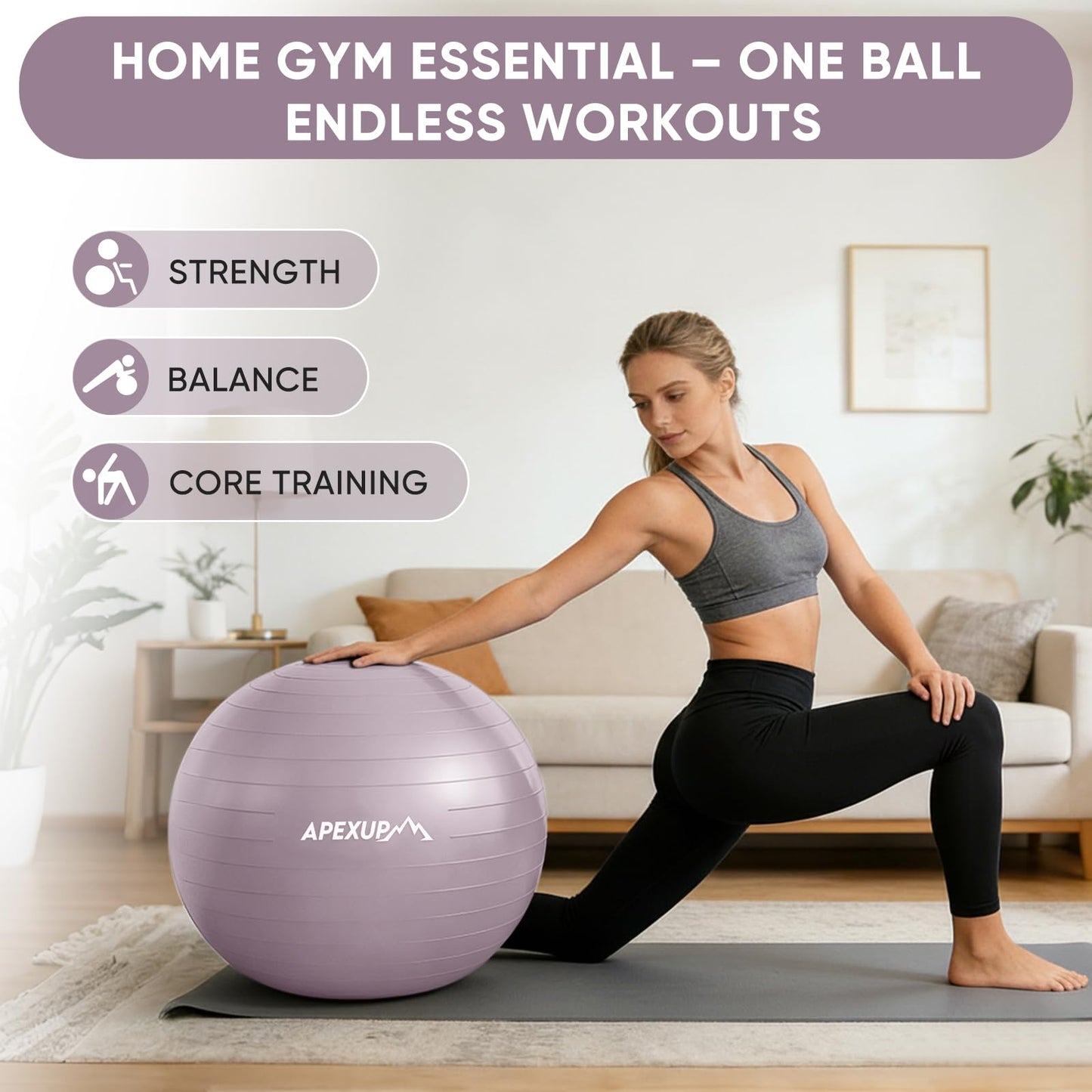 APEXUP Yoga Ball, 660 lbs Anti-Burst Exercise Ball with Pump, 5 Sizes (L (23"~26") 65cm, Mauve)