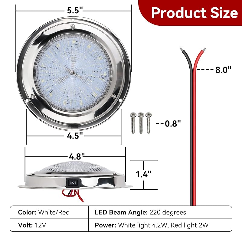 5.5 Inch 12V Dual-Color LED Boat Dome Light with Toggle Switch - White & Red