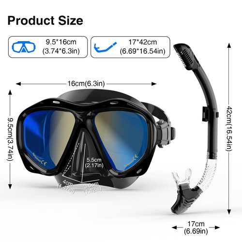 MELUMILU Snorkeling Gear for Adults, Dry Snorkel Set Blue Electroplated 180° Panoramic Wide View Anti-Fog Scuba Diving Mask, Professional Snorkel Gear for Swimming, Diving (Black)