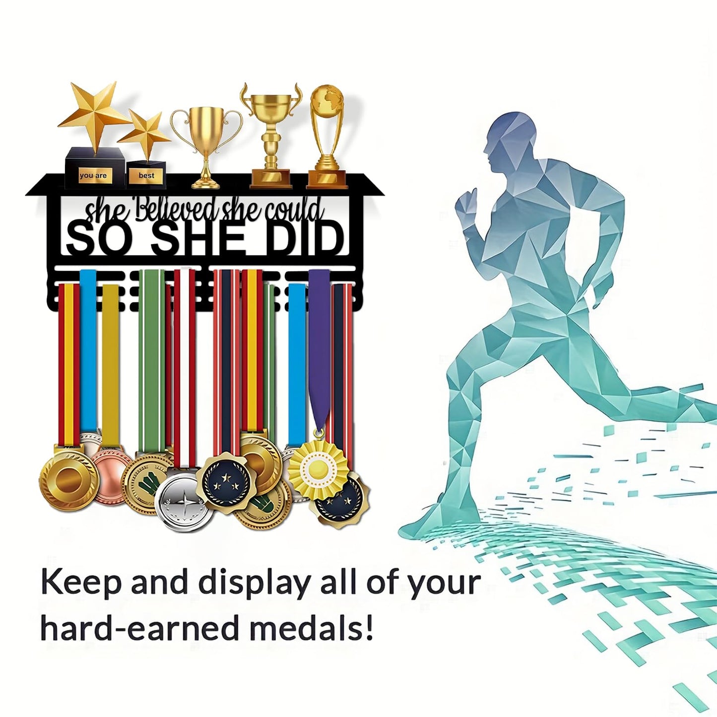 Resama Fashion Medal Hanger Holder Display Wall Rack Frame Shelf-Black Metal Medal Hanger with Trophy Shelf Awards Ribbon Cheer,Gymnastics,Soccer Easy to Install