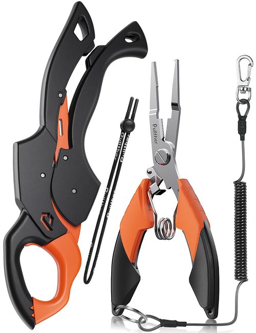 pullther fishing Fish Gripper 9.2",Muti-Function Line Cutter and Split Ring Fishing Pliers for Fly Fishing, Ice Fishing,Saltwater Fishing Tool Kit,Fishing Gear with Fishing Lanyard