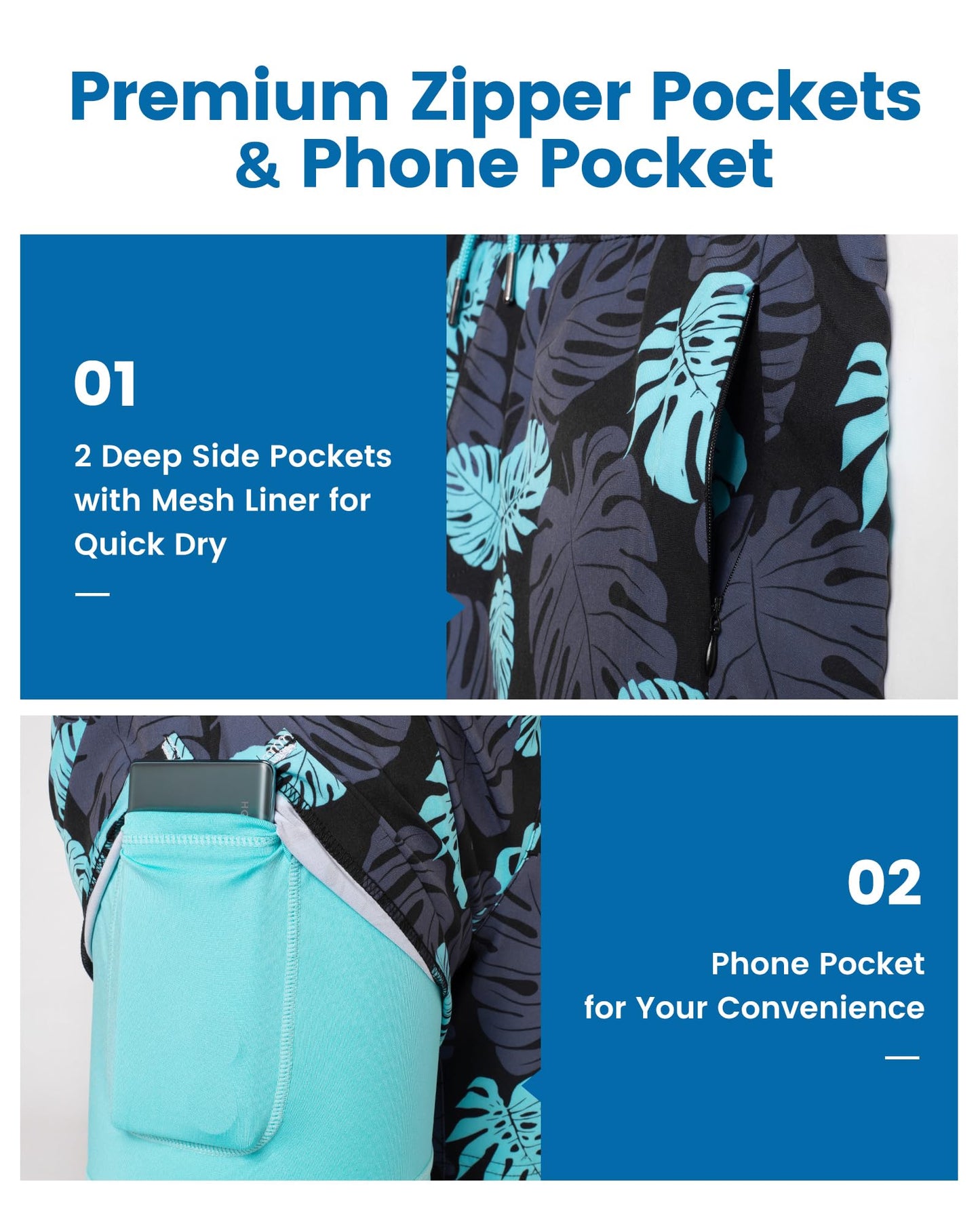 maamgic Mens Swim Trunks with Compression Liner 5 Inch, Quick Dry Bathing Suit with Zipper Pockets, Stretch No-Chafing Swim Shorts, Black-Lake Blue Leaves X-Large