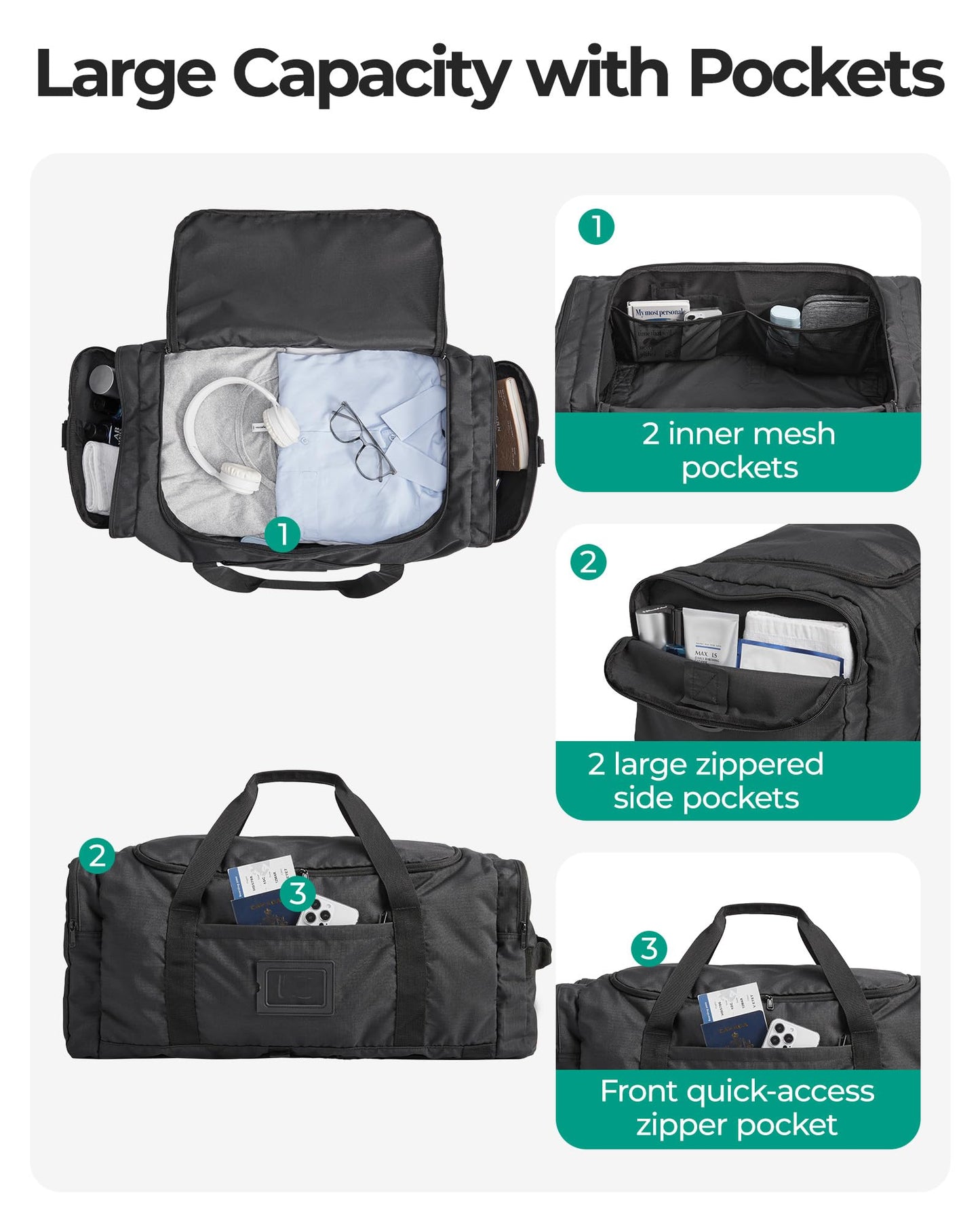 BAGSAMRT 60L Foldable Duffle Bag for Travel, Large Travel Duffel Bag for Men, 4 in 1 Travel Backpack, Carry on Weekender Bag, Gray