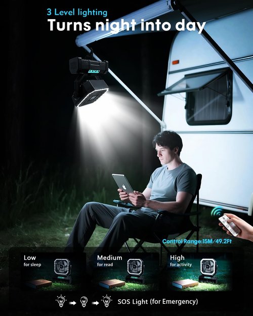 PIYOOPDR Camping Fan with Bluetooth Speaker Portable Fan,20000mAh Rechargeable Battery Powered Fans,Quiet 4-Speeds, 4-LED Light,360° Hanging Hook for Outdoor Picnic Tent Beach Travel Barbecue, Black