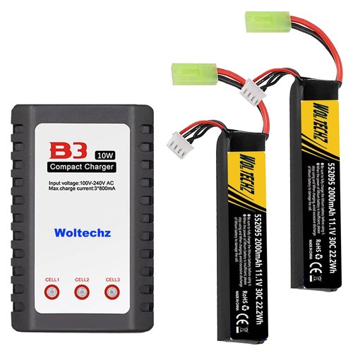 Woltechz Lipo Battery 2-Pack 11.1V Airsoft Battery 2000mAh 30C Rechargeable Battery with Mini Tamiya Connector for Airsoft Guns Airsoft Rifle