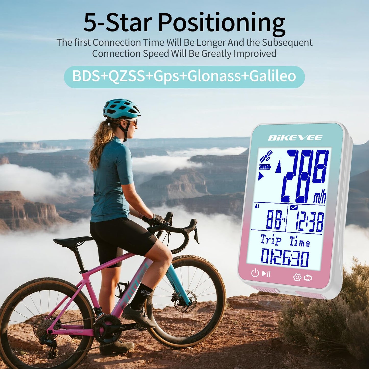 Bikevee GPS Bike Computer Wireless Bicycle Speedometer Odometer 9 Languages Auto Backlight Auto Start Stop IPX7 Waterproof 2.4 Inch LCD with Out Front Mount Supports MPH KMH - Pink