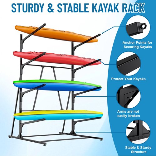LXVOOEE Kayak Storage Rack, Heavy Duty Freestanding Kayak Rack for Garage and Outdoor Storage, Kayak Stand Adjustable for Kayak, Canoe, Surfboard and Paddle Board, 4-Layer