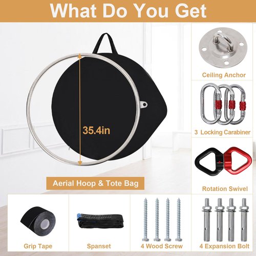 KROFEM Aerial Lyra Hoop Kit, 90CM, Professional Yoga Starter Set with Rigging Hardware Kit for Home, Exercise, Performance, 32mm Thickness