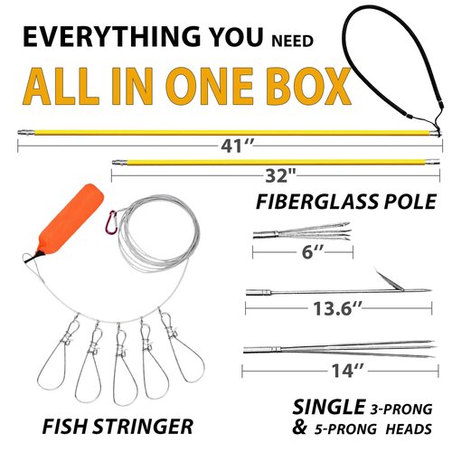 Epoacht 6 ft Pole Spear for Spearfishing – Hawaiian Sling Harpoon Kit with Fiberglass Shaft, Single Tip, 3-Prong, 5-Prong Heads & Fish Stringer – Complete Travel-Friendly Harspoon Set