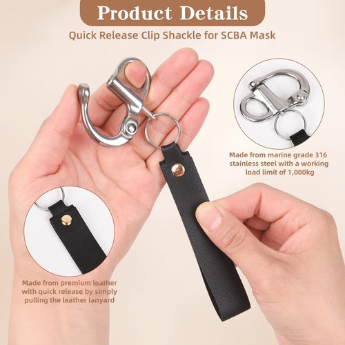 PIHIL 2Pcs Quick Release Clip Shackle for SCBA Mask, Firefighter Accessories, Quick Release Snap Shackle, with Leather Handle, Marine Grade 316 Stainless Steel Shackle for Rigging, Black