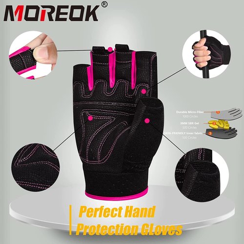 MOREOK Workout Gloves - Padded Weight Lifting for Men/Women, [3MM Gel] Fingerless Grip Gym Fitness Gloves Pink-S