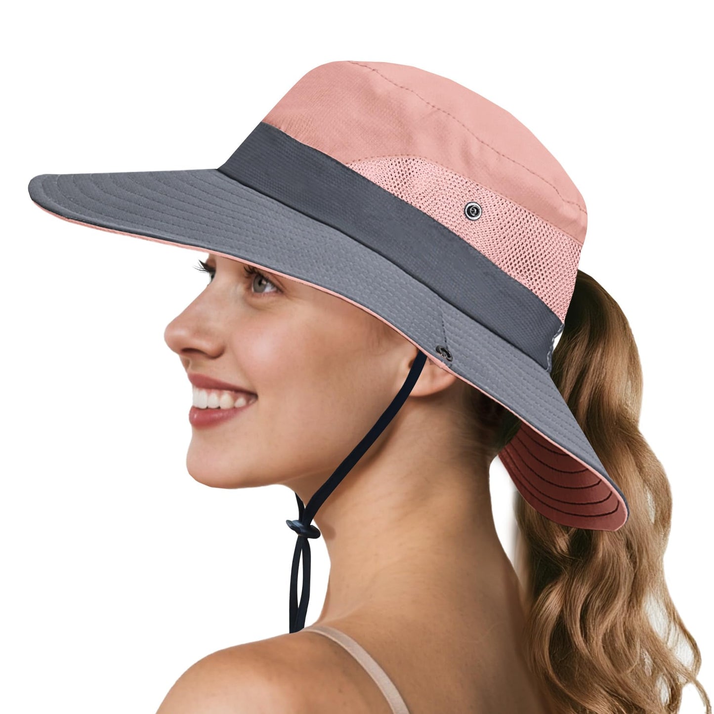 NPQQUAN Ponytail Sun Hats for Women UPF 50+ Wide Visor UV Protection Packable Hat for Beach Hiking Gardening Pink/Grey