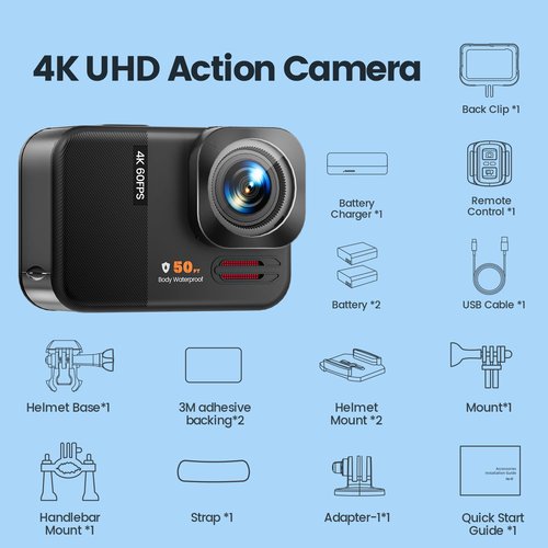 Euorosi 4K 60FPS 48MP WiFi Action Camera with Touch Screen, 50FT Underwater Waterproof Camera, No Case Needed, EIS Motorcycle Camera, 8X Zoom, 64GB Card, Remote Control, Batteries & Mounting Kits