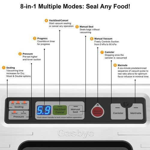 Gasbye Vacuum Sealer Machine, 95kPa Food Sealer with Double Heat Seal for Dry/Moist Food, Easy-lock Handle, Built-in Bag Storage & Cutter, Progress Display, Removable Drip Tray, Silver