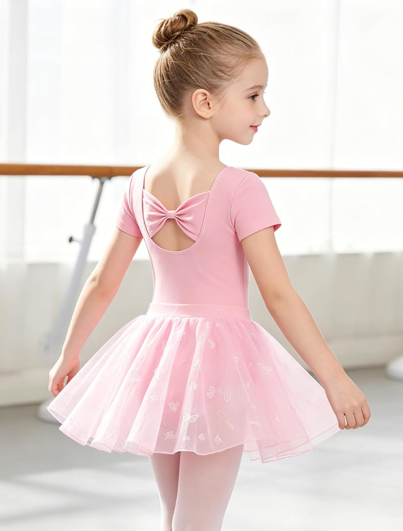 MdnMd Ballet Pink 4-6 Years Toddler Girl Leotard Set with Butterfly Skirt & Bow Back