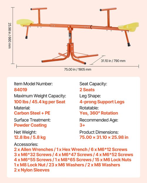 VEVOR Seesaw Teeter Totter for Kids Outdoor, 100 lbs Load Capacity per Seat, Sit and Spin Teeter Totter with 4-Prong Support Legs, Playground Equipment with Swiveling 360 Degrees Rotating for Aged 3+