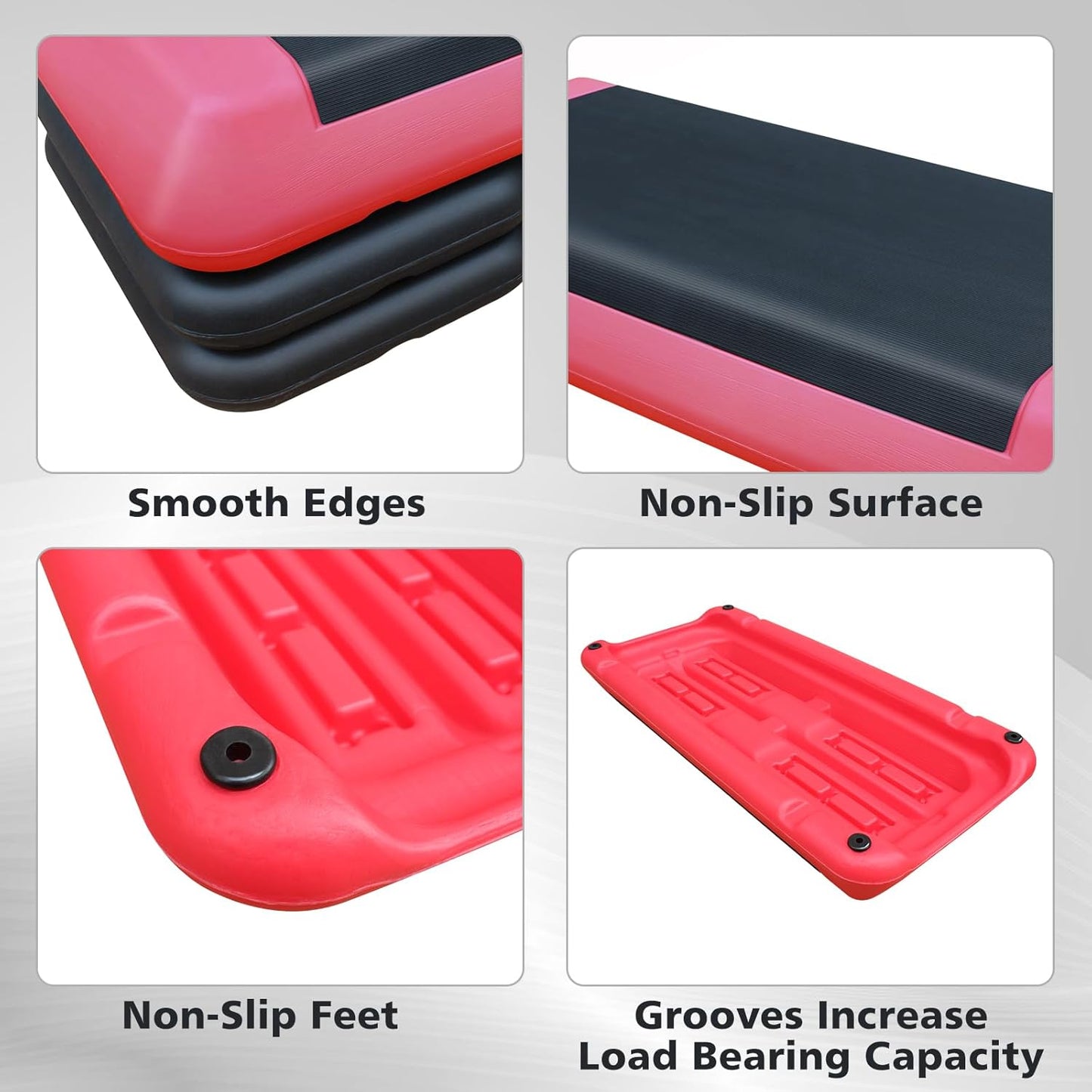 28.5'' Exercise Aerobic Step Platform, 4-6-8inAdjustable Fitness Stepper Workout with 4 Stackable Risers, Aerobics Stepper Workout Stepper for Home Gym Cardio Strength & Training (Red & Gray)