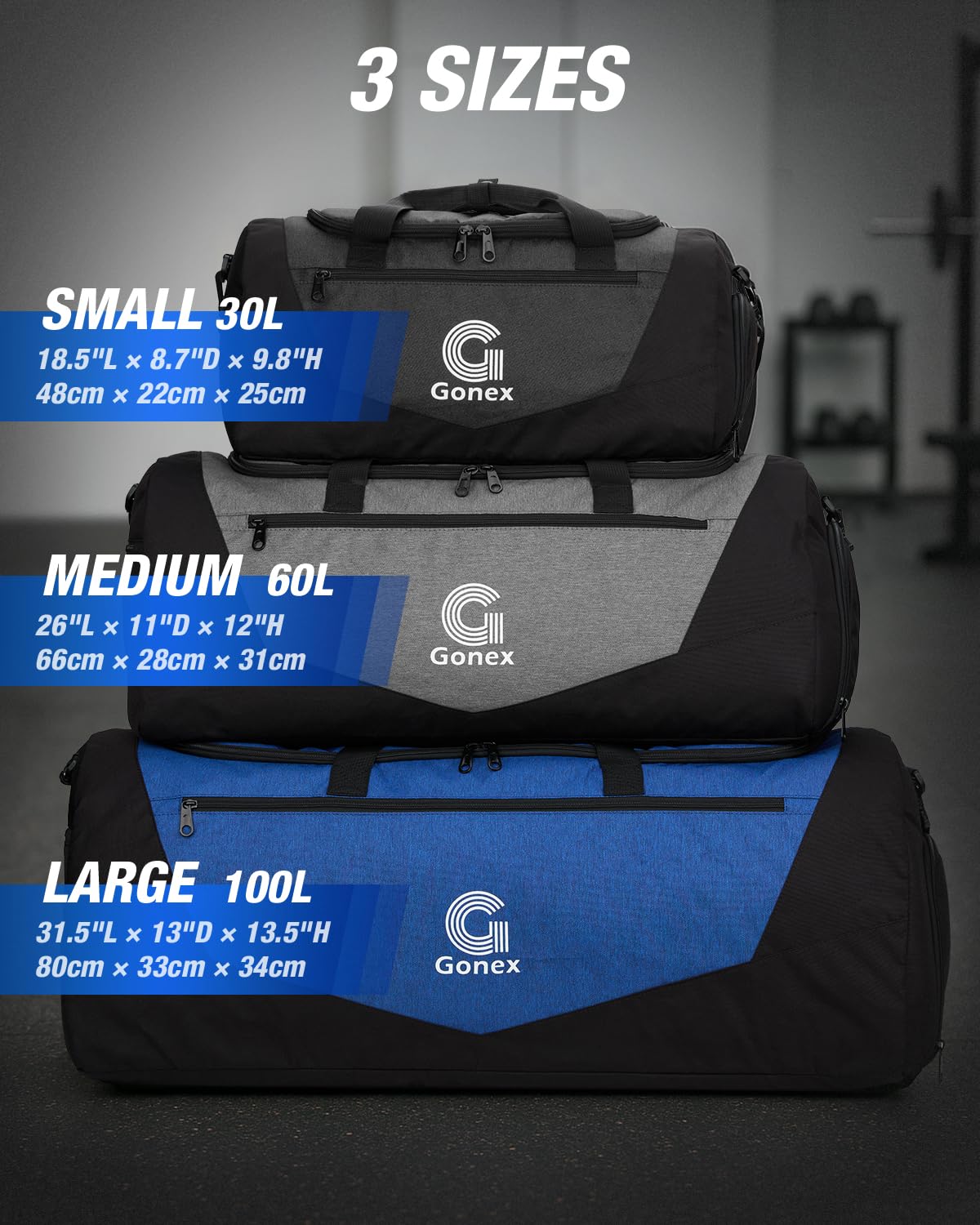 Gonex Gym Duffel Bag 18 inch with Shoe Compartment Wet Pocket, Large Capacity Sports Duffle Bag for Men Women, Workout & Travel Bag with Multiple Pockets, Black/Gray, Small (30L)