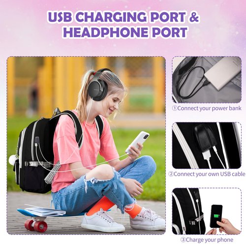 ACESAK Backpacks for Girls, Girls Backpack with Lunch Box and Pencil Case for Teen Kids Elementary Middle High School College Student, Children School Backpack Bookbag with USB Charging Port (Black)