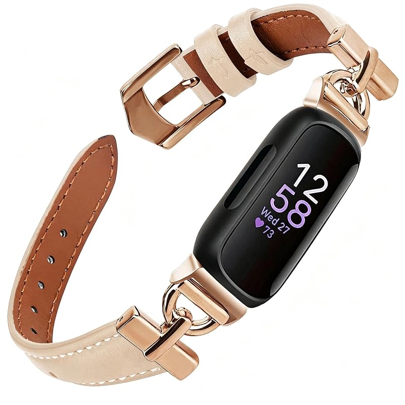 Leather Band for Fitbit Inspire 3 - Beige / Rose Gold, Apawband Variation