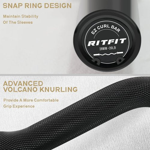 RitFit 2 Inch EZ Curl Bar with Weights, 700LBS Weight Capacity Olympic Curl Barbell for Bicep, Tricep and Weight Lifting Exercises (Full Black with Collar)