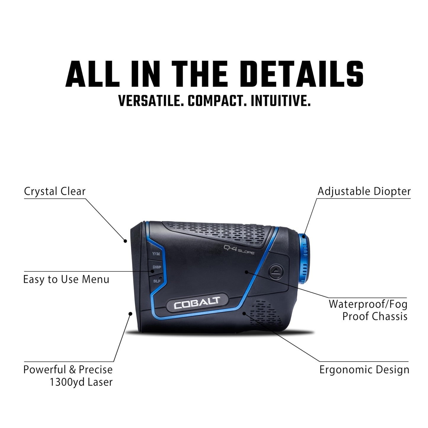 Cobalt Q-4 Slope Golf Rangefinder – Tournament Legal, Precision Laser Technology, 6X Magnification, 1,300-yd Range, HD/ED Optics, Pin & Vibration Lock, Waterproof, Durable, with Premium Case