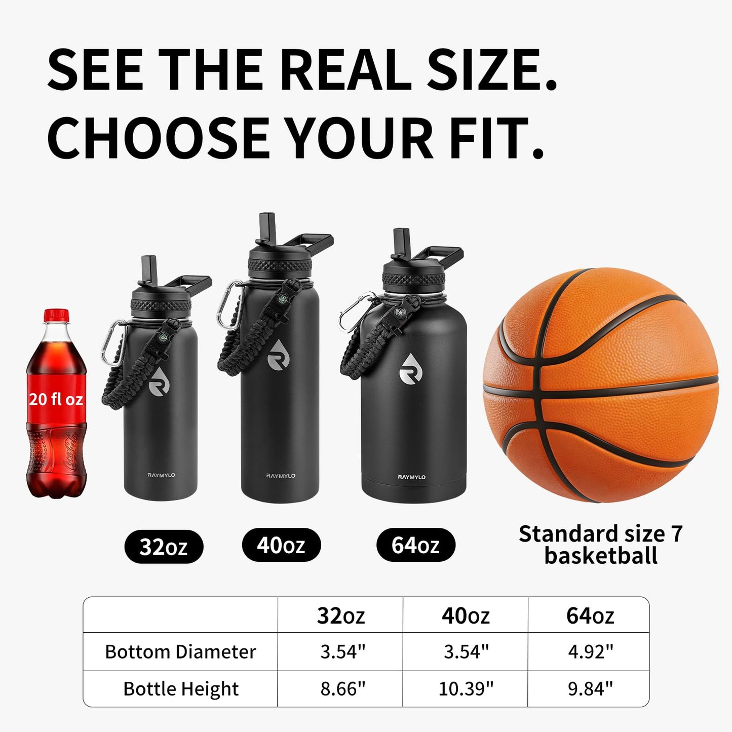 RAYMYLO Insulated Water Bottle 40 oz, Triple Wall Vacuum Stainless Steel (Cold for 36Hrs, Hot for 18Hrs), Leak Proof & Non-BPA, Modern Water Flask Jug with Paracord Handle & Straw Spout Lids