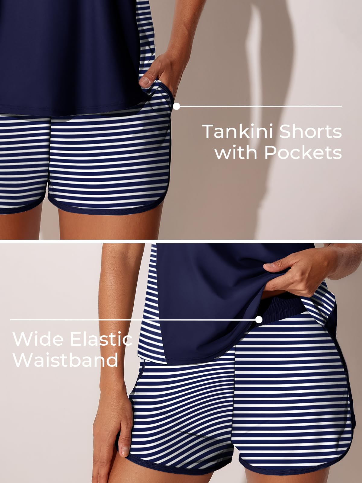 Summer Mae Blouson Tankini Swimsuits for Women 2026 Tummy Control Two Piece Bathing Suits with Sporty Pockets Swim Shorts Blue and White Stripes Size 12