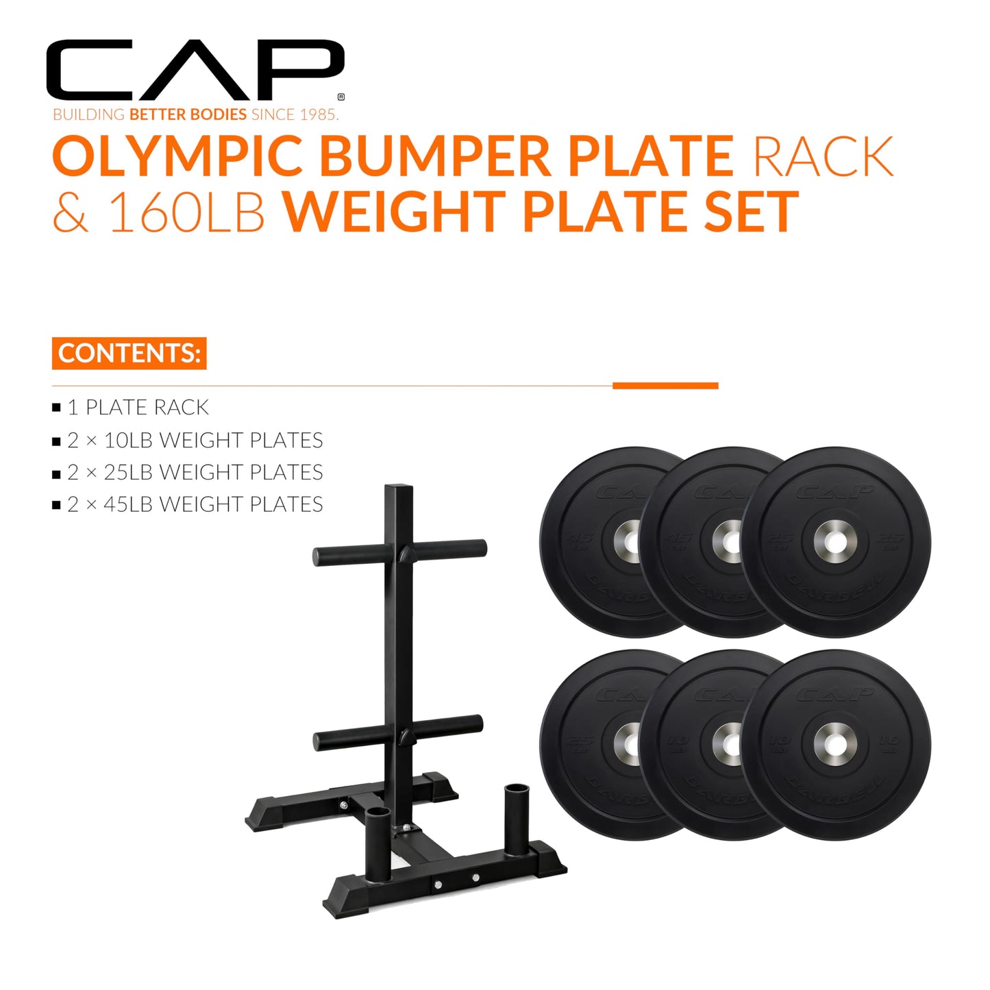 CAP 160 lb Pro Olympic Bumper Plate Set with Compact Storage Rack, 2-Inch Olympic Plates, Low Bounce Virgin Rubber Weight Plates with Chromed Steel Hub, 4 Weight Posts & 2 Barbell Holders for Weightlifting, Strength Training & Home Gym Workouts