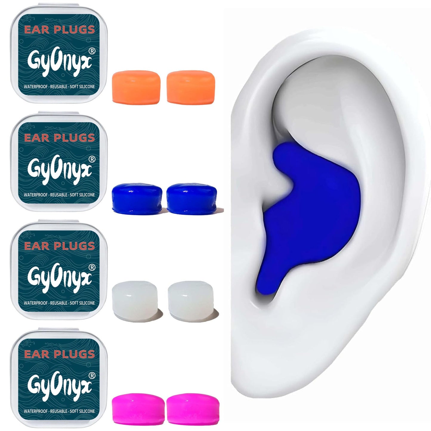 Gyonyx 4 Pair Moldable Silicone Ear Plugs for Swimming, Sleeping, Concerts, Reusable Waterproof Swimming Ear Plugs for Adult, Men, Women, Water Play Accessories for Surfing, Floating, Pool