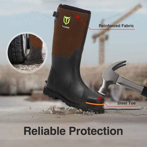 TIDEWE Rubber Work Boot for Men with Steel Toe & Shank, Waterproof Anti Slip Hunting Boot, 6mm Neoprene Hunting Boot for Manufacturing, Construction, Farming, Brown, Size 11