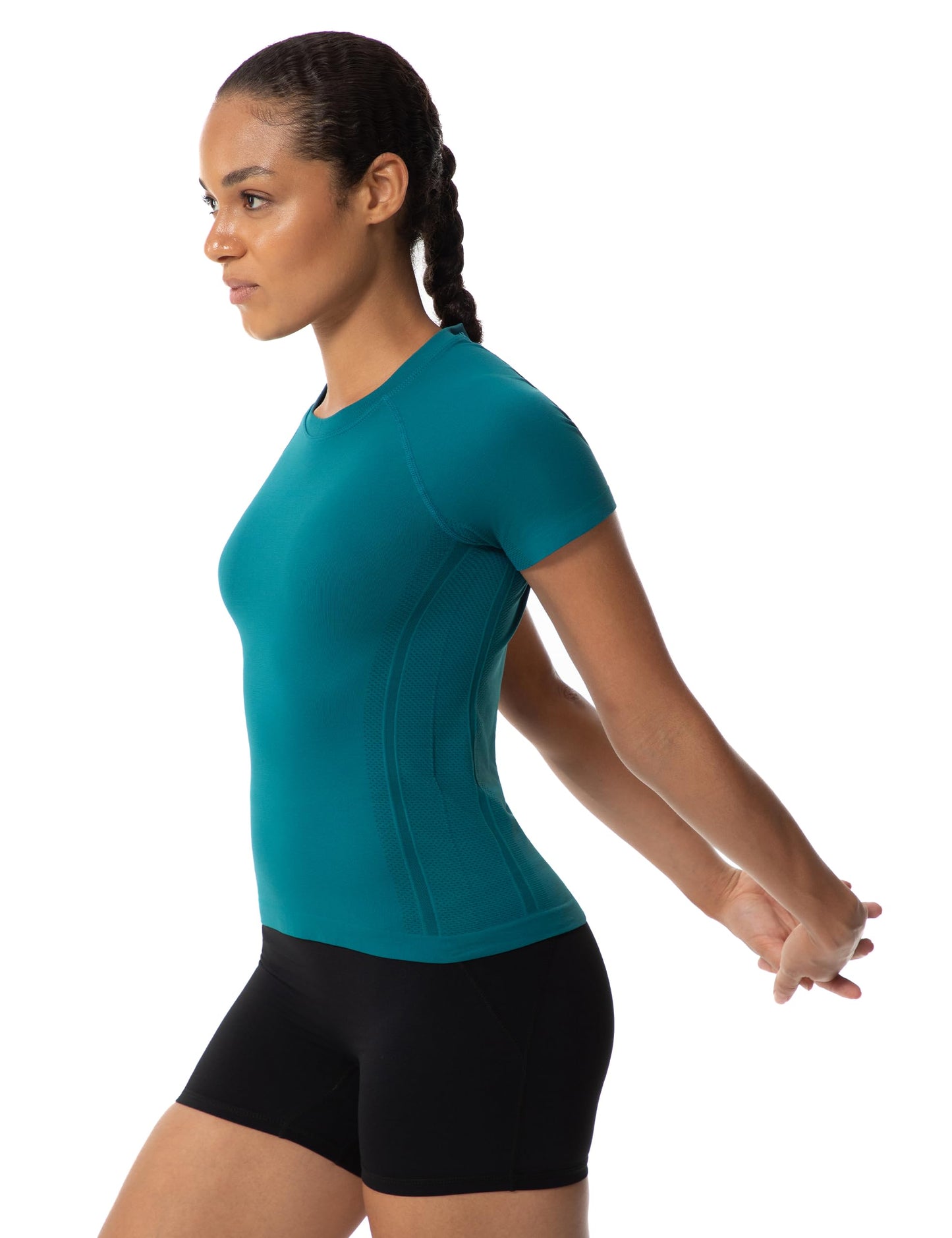 Nyvalle Workout Tops for Women Hip Length Athletic Running Gym Yoga Short Sleeve Shirts Seamless Breathable Crewneck Tees Dark Green