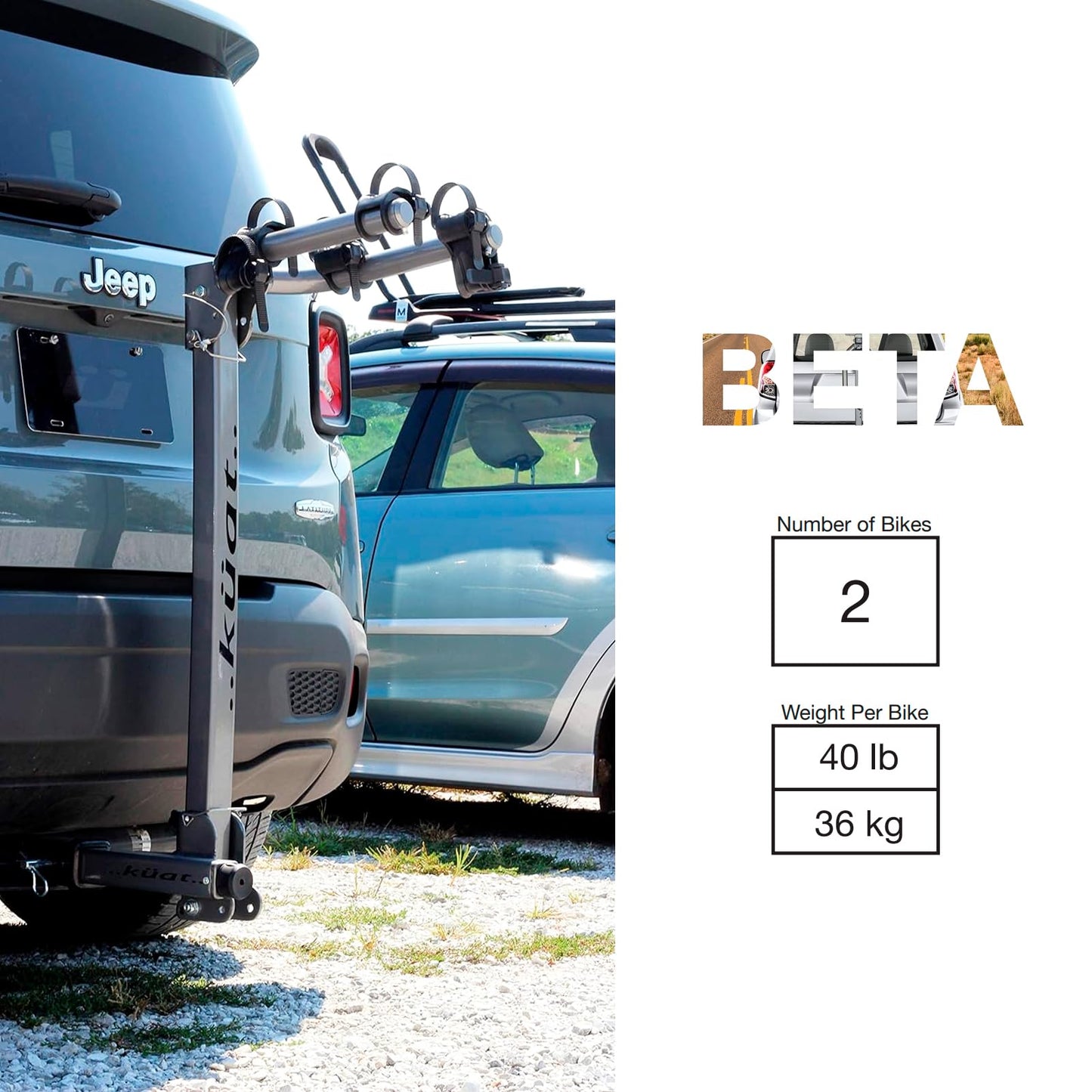 KUAT Beta Hitch-Mounted Bike Rack | Hanging-Style Durable Lightweight Aluminum Powder Coated Folding Tilting-Down Gray Bicycle Car Truck Transportation Hauling Rack | 2 Bike Capacity
