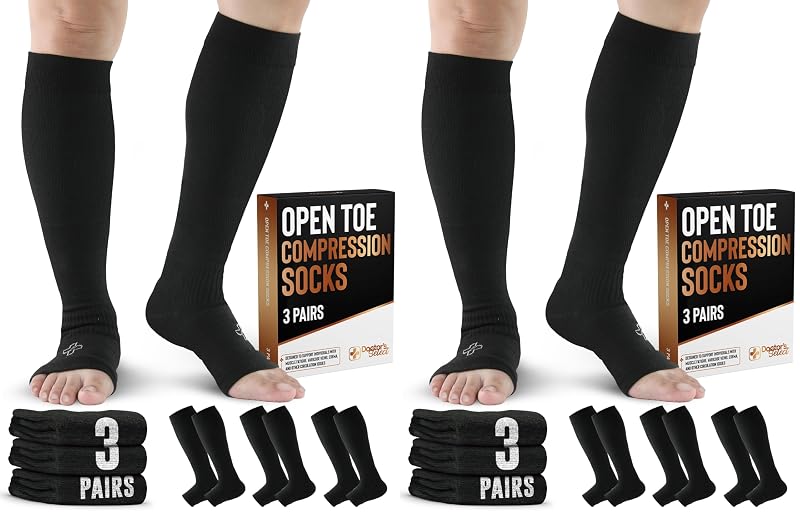 Copper-Toe Open Toe Compression Socks for Men & Women 20-30 mmHg - 3 Pairs Black (Variation: Large)