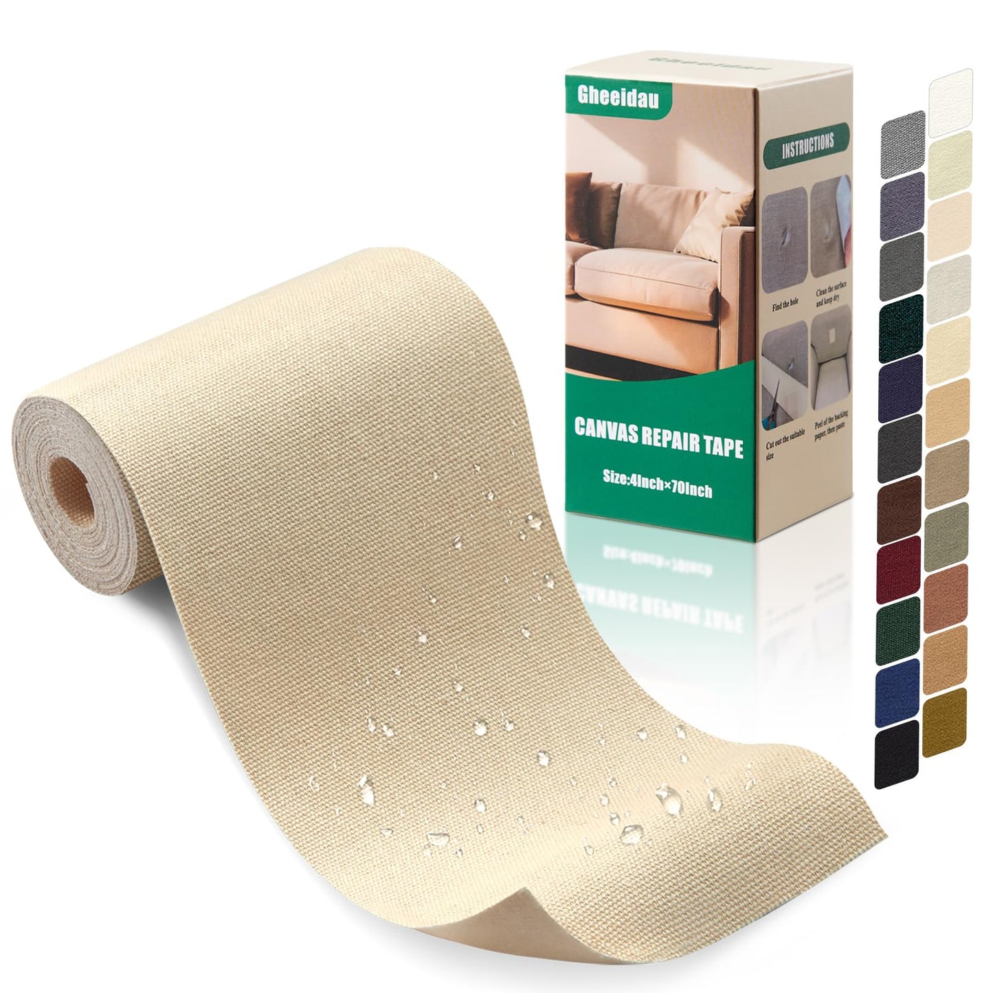 Gheeidau Canvas Repair Tape 4×70 Inch Waterproof Self-Adhesive Fabric Repair Patch for Repairing Boat Covers,Tents,Patio Umbrellas,Car Seats,Luggage,Sofas.(Beige)