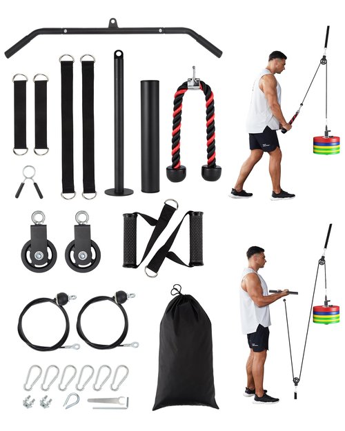 GarveeLife Pulley System for Home Gym, Cable Weight System Attachments Set with 2 in 1 LAT Pulldown Bar, Tricep Rope, Biceps Curl, Chest Fly Handles for Arm Workouts Fitness Equipment