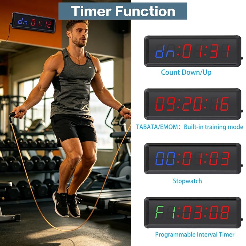 PELLOR Gym Timer with Remote & Push Button for Tabata, EMOM & HIIT