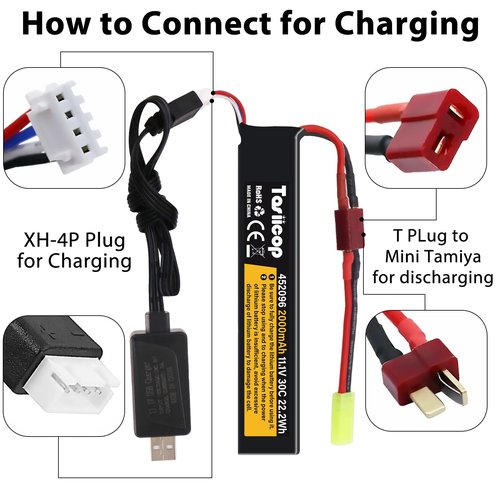 Tosiicop 11.1V Airsoft Battery 2000mAh - Lipo Batteries 30C & XH-4P Connector with T Plug to Mini Tamiya Conversion Cable Rechargeable USB Charger for Airsoft Model Rifle Gel Blaster Accessories